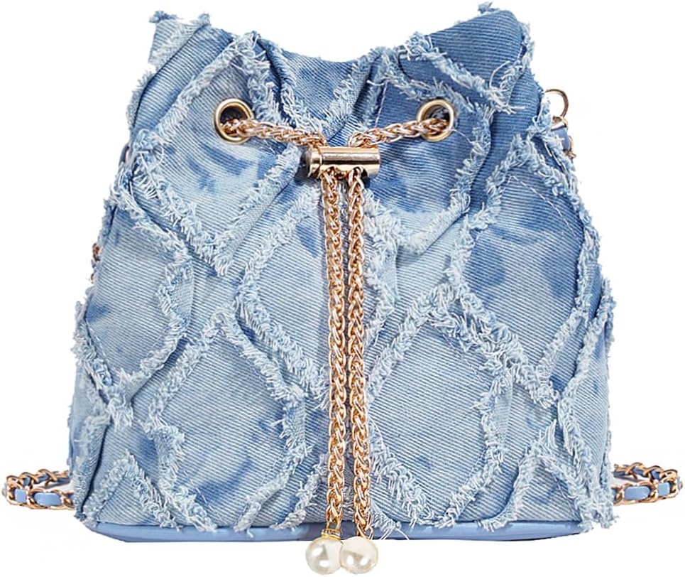 7122neYkmBL._AC_SL1001_.jpg Denim Quilted Bucket Bag for Women Drawstring Shoulder Handbag with Chain Strap and Crossbody Design - Image 1
