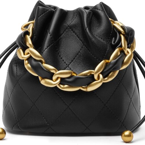 Small Lambskin Bucket Bag for Women Drawstring Crossbody Purse with Chunky Chain Strap and Top Handle Design