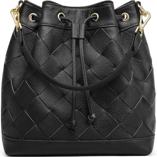 Woven Leather Bucket Bag for Women Drawstring Crossbody  Shoulder Purse with Dual Straps